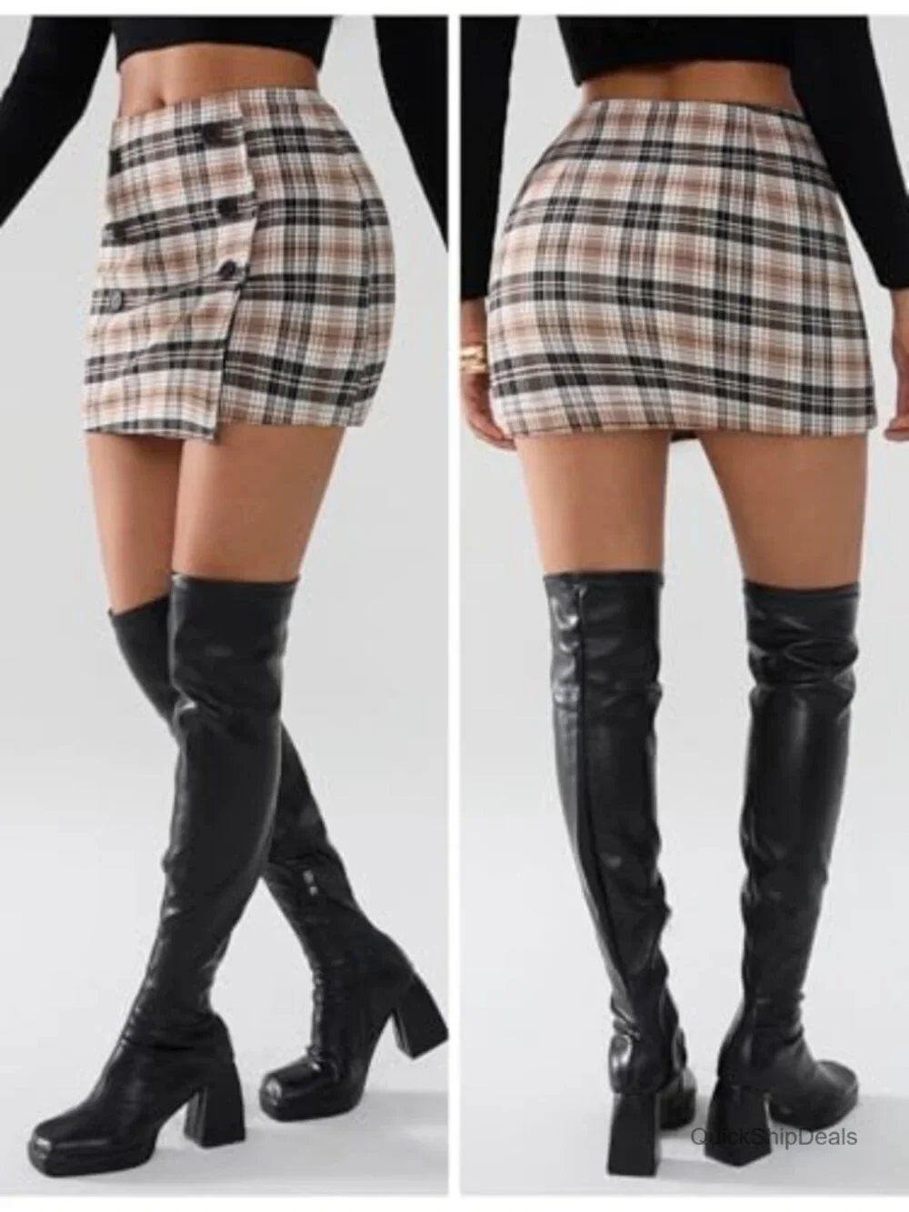 Plaid Bodycon Mini Skirt High Elastic Waist Tweed Button Y2K Fall Winter
